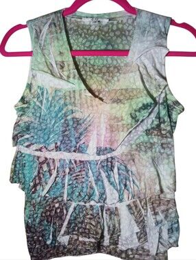 Paris IQ Tiered Watercolor Sleeveless V Neck Raw Edges Small Top Shirt
